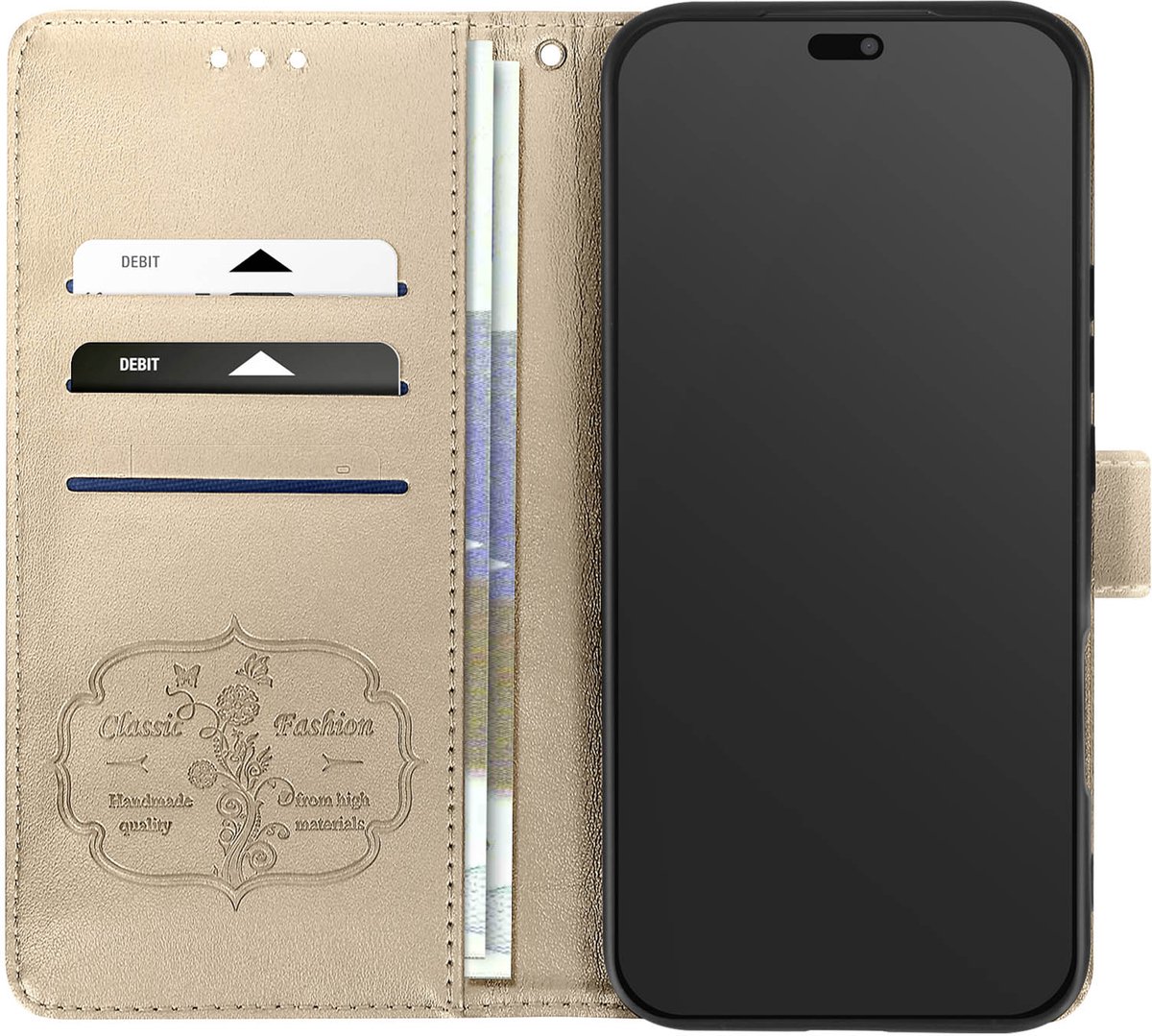Avizar Vlinder behuizing Geschikt voor Honor 400 Lite portemonnee met riem, Goud