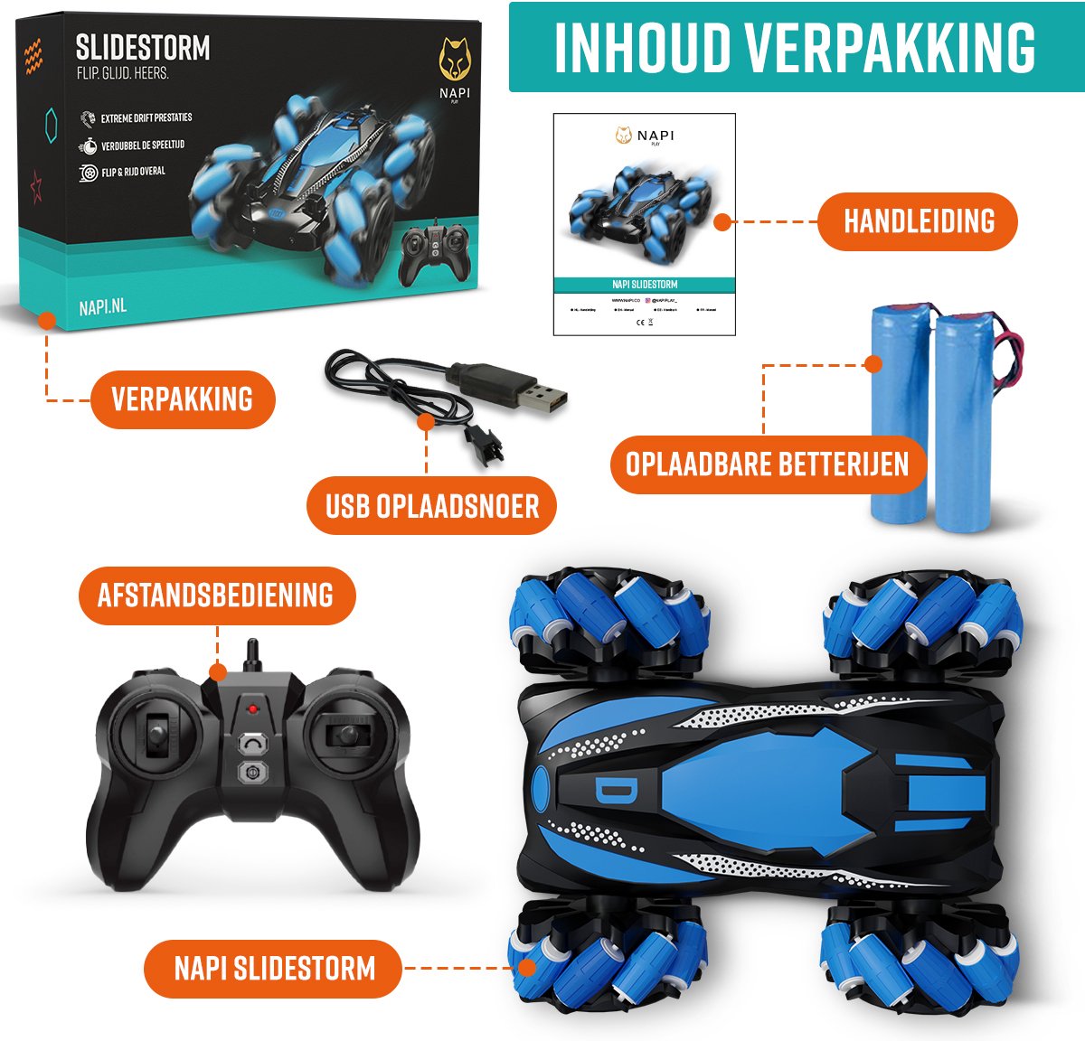 Napi Bestuurbare Auto - RC Stunt Car met 2 Accu’s - Speelgoed Auto voor Jongens - Buitenspeelgoed - Race Autos - Speelgoedauto Buiten - Radiografisch - Slidestorm — afbeelding 6