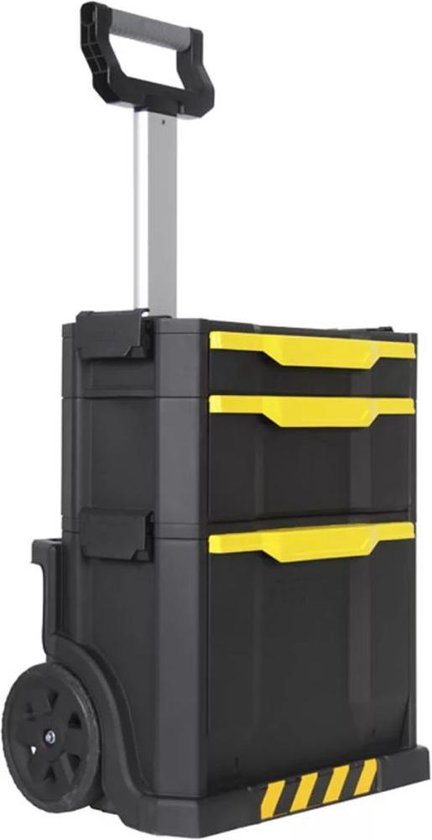 Zwarte Stanley gereedschapswagen met twee gele lades, op wielen met uitgeschoven handvat.