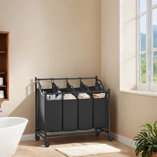 Wasmand, Wasverzamelaar, Wassorteerder Met 4 Uitneembare Stoffen Zakken Wielen Waswagen Opbergruimte Voor Speelgoed 4 X 35 Liter Beige
