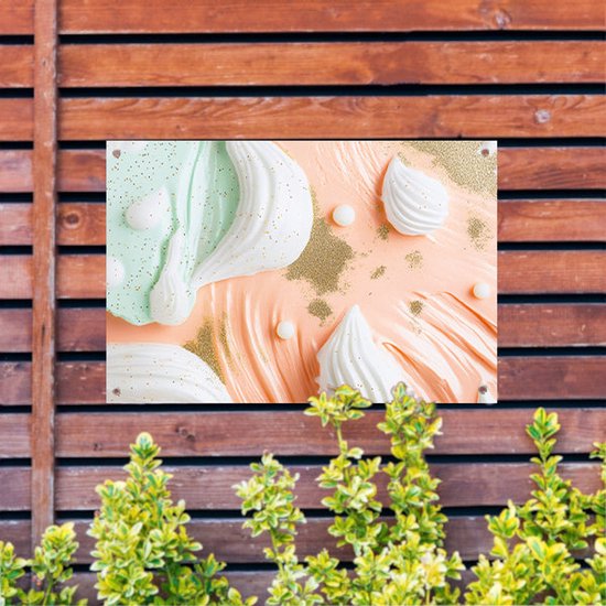 Meringue decoratie op pastel achtergrond - Desserts tuinprint - Tuinversiering meringue - Surrealistisch - Poster buiten - Wanddecoratie - tuinposter 150x100 cm