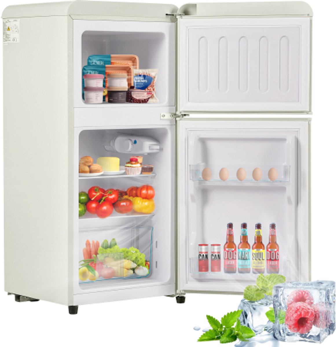 Retro koelkast. Freezer -combinatie. 88,8 cm hoog, 45,5 cm breed, twee dader, met een totaal van 60 liter totaal volume, 22 liter vriezervolume. 102 kWh/jaar, -27 ° C ∽ 13 ° C, LED -licht. Crème wit, energieniveau E.