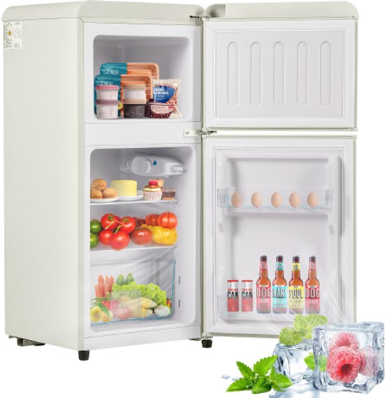 Retro koelkast. Freezer -combinatie. 88,8 cm hoog, 45,5 cm breed, twee dader, met een totaal van 60 liter totaal volume, 22 liter vriezervolume. 102 kWh/jaar, -27 ° C ∽ 13 ° C, LED -licht. Crème wit, energieniveau E.