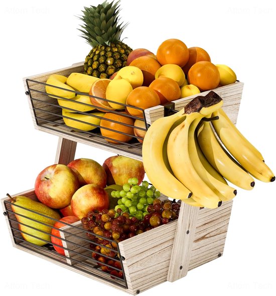 NiHome Houten fruitmand met 2 niveaus voor keuken, fruitschaal