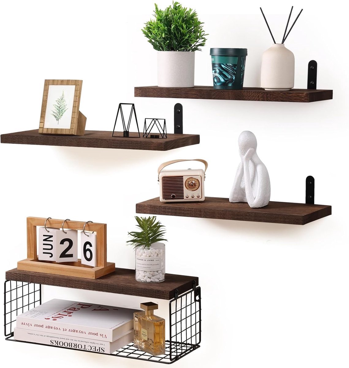 Set van 4 wandplanken - multifunctioneel - hout en metaaldraad
