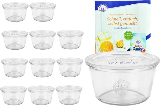 Set van 12 Weck-potten 370 ml met 12 glazen deksels incl. geleer-magie receptenboekje van Diamantzucker