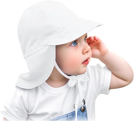 Zonnehoed - Kinderzonnehoed - Kinderzonnehoed voor buiten - Verstelbare baby zonnehoed - voor jongens en meisjes - peuter zomer strand zwemhoed - Beschermt gezicht en nek - voor baby's reispet - Geschikt voor hoofdomtrek 48-54 cm - wit