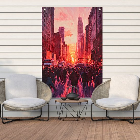 Drukke stadsstraat bij zonsondergang - Stad poster - Tuinschilderij gebouwen - Expressionisme - Tuinaccesoires voor aan de muur - Wanddecoratie - tuinposter 40x60 cm