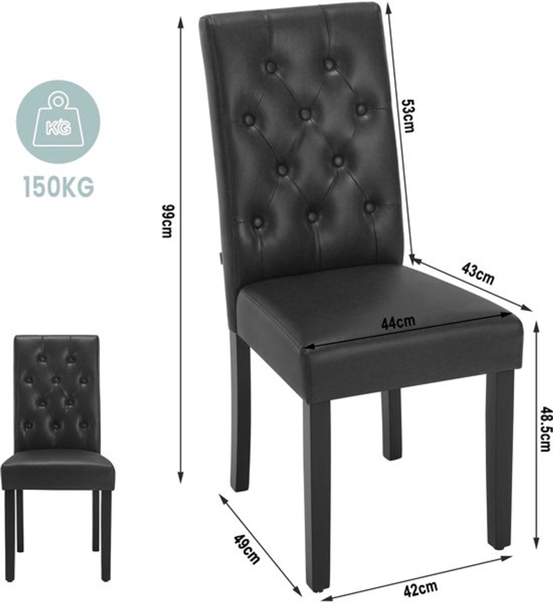 Stoel - Eetkamerstoelen - Set van 2 Kunstleer Eetkamerstoelen - Ergonomisch - Houten Poten – Hoge Rugleuning - Comfortabel Gevoerd – Ergonomisch & Duurzaam – Voor Keuken - Eetkamer - 44x99x59cm - Zwart – foto 2