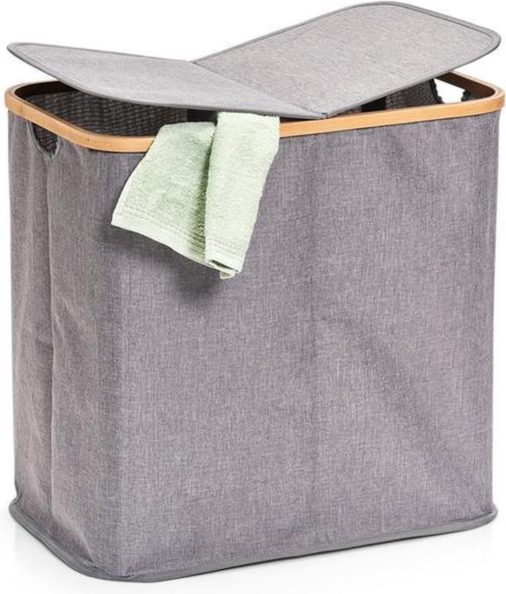 Zeller - Laundry Hamper, double, canvas/bamboo, grey