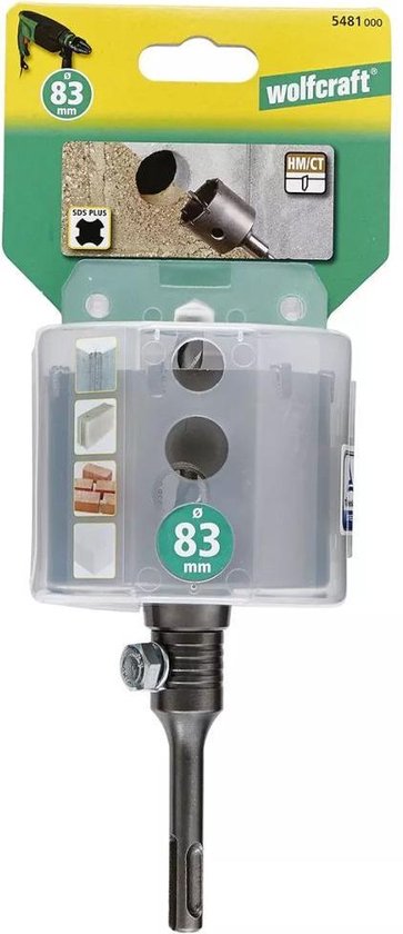 Grijze Wolfcraft gatenzaag met SDS plus aansluiting in verpakking met "83 mm" erop.