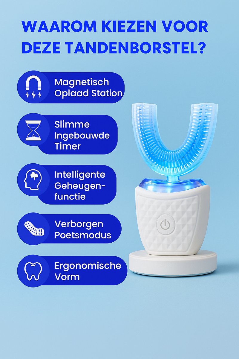 Afbeelding 2 van Smartbrush Tanden - U-Vormige Tandenborstel - Smart Brush Tanden - Automatische Elektrische Tandenborstel - Tanden Bleken en Reinigen - Handsfree - UV Blauw Licht - 360° - 4 Standen - Waterbestendig - Teeth Whitening