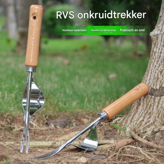 Onkruidverwijderaar van roestvrij staal - Wortelwiedmachine met houten handvat - Geschikt voor graven, wieden en losmaken van de grond Handmatige wiedmachine - Cadeau voor de tuinier - 31,5 x 1,7 cm van Xclou — afbeelding 3