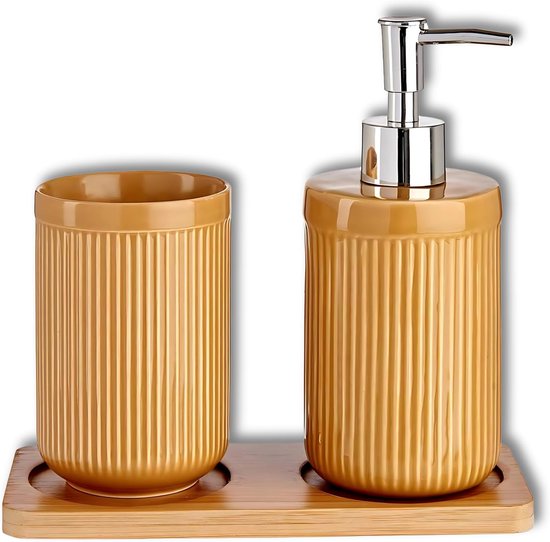 Badkamerset, Umlaca badkameraccessoires, 3-delige accessoires, bevat 350 ml zeepdispenser, 320 ml tandenborstelbeker en zeepbakje, geschikt voor badkamer, wastafel (gemarmerde schuimzeepdispenser
