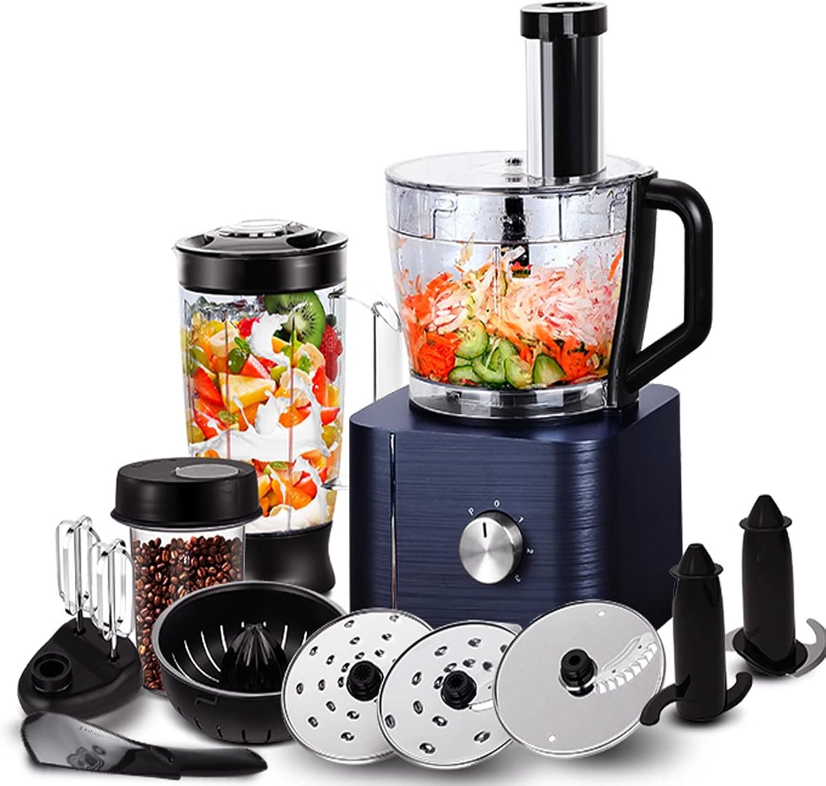 Keukenmachine - Hakmolen - Foodprocessor - Keukenmixer - Inc. 3.2L Mengkom - Deegkneden - Keukenmachine Hakmolen - 1.5L Mixer - Molen - Citruspers - Garde - Kunststof - 1100W - 40 x 27 x 40 cm - Donkerblauw