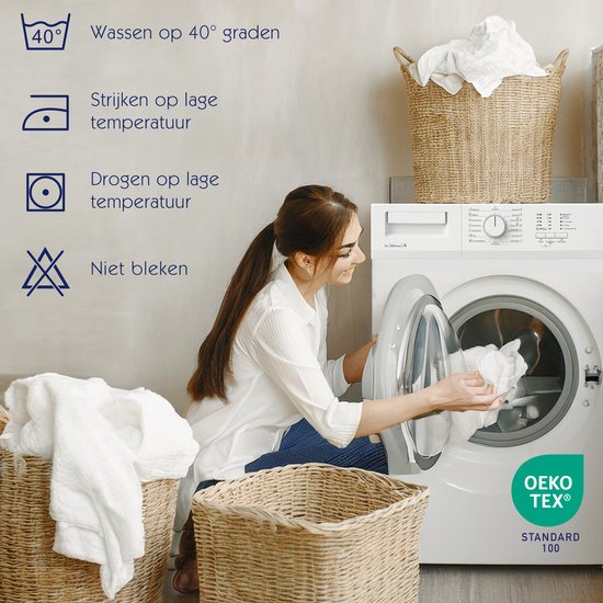 Femme chargeant du linge dans une machine à laver. Icônes pour les instructions de lavage.