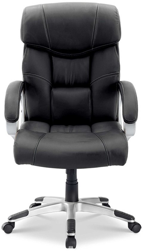 Fauteuil de direction noir à dossier haut, accoudoirs argentés et une base en étoile avec roulettes.