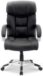 Fauteuil de direction noir à dossier haut, accoudoirs argentés et une base en étoile avec roulettes.