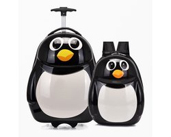 Handbagage KinderKoffer - bijpassende Rugzak - Handbagage - Hard Case Koffer- Reistrolley - Pinguin