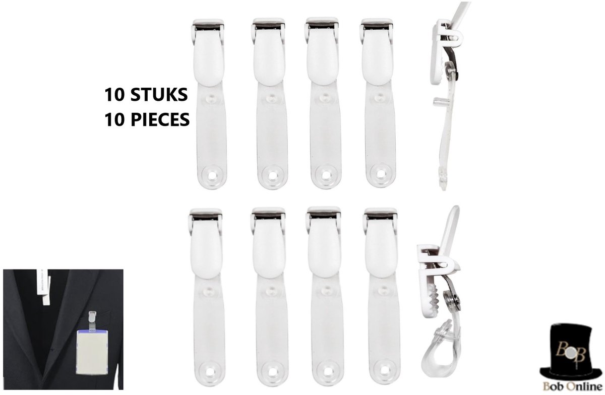 Bob Online TM – 10 Stuks – Gebroken Wit - Naambadge Klemmen – Naambadge Lussen – ID Kaart Bretel Klemmen – Naambadge Suspenders Klemmen – ABS & Vinyl – Duurzame & Herbruikbare ID Badge Krokodil Klemmen – 10 Pcs Name Badge Straps
