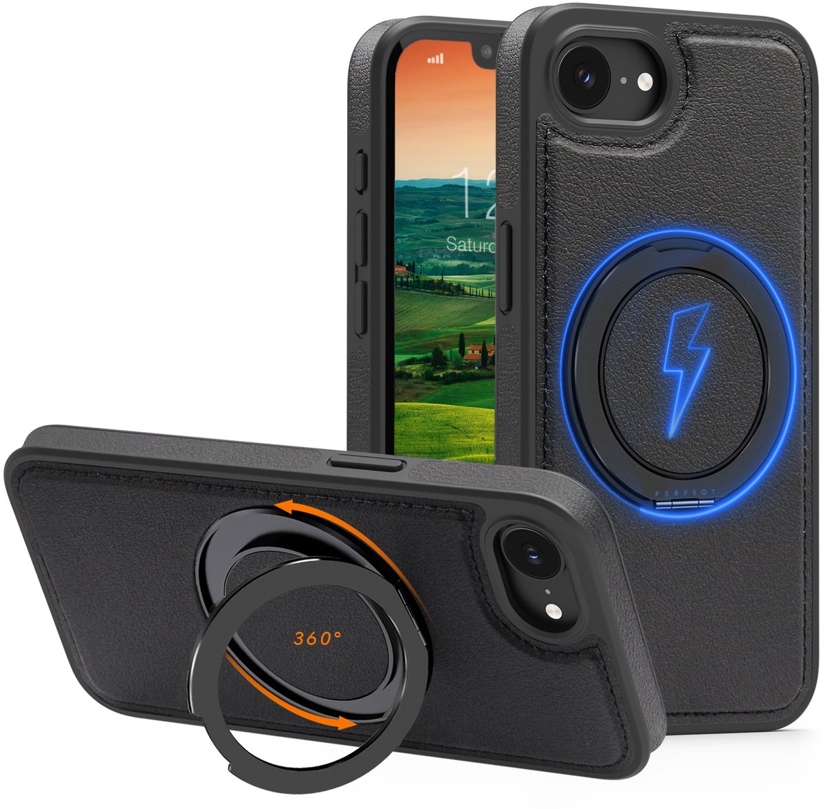 Perfeqt hoesje geschikt voor iPhone 17e & 16e leren BackCover met 360° Kickstand & Keyring houder - Classic Black