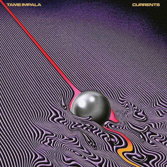 Pochette d'album de Currents de Tame Impala, avec un fond violet ondulé et une sphère grise.