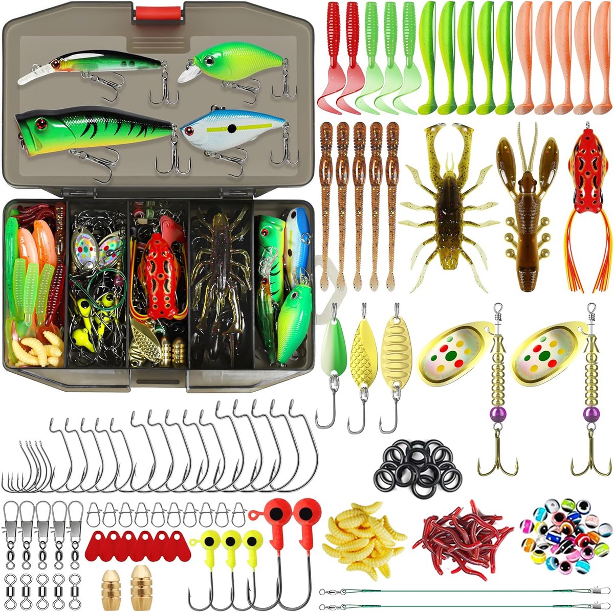 Retadou - Visaasset met tackle box voor snoek, snoekbaars, forel, baars, visaccessoires, inclusief rubberen vissen, oppervlakteaas, spinner, popper, jigs hoofd voor zoetwatervissen