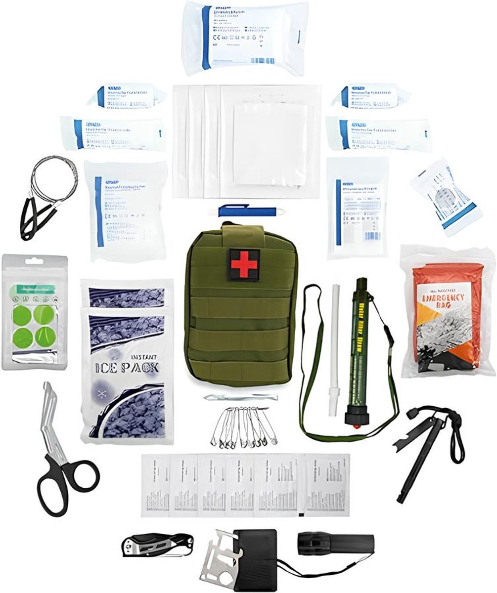 Noodpakket 45-delig EHBO-set tactische First Aid militaire set noodtas voor thuis auto camping buiten kaki. Noodpakket