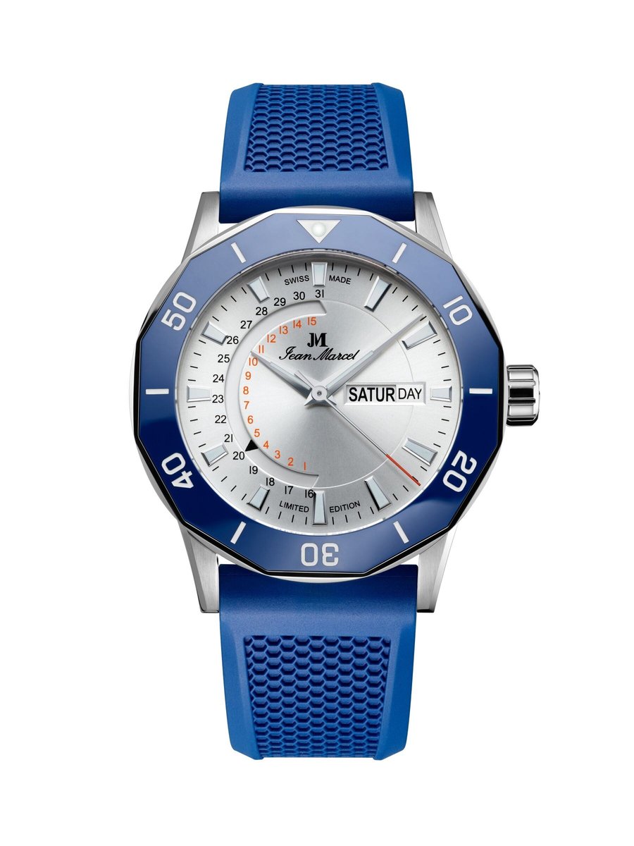 Jean Marcel Tropical Diver - horloge - zilver - blauw - rubber band blauw kobaltblauw - 42 mm