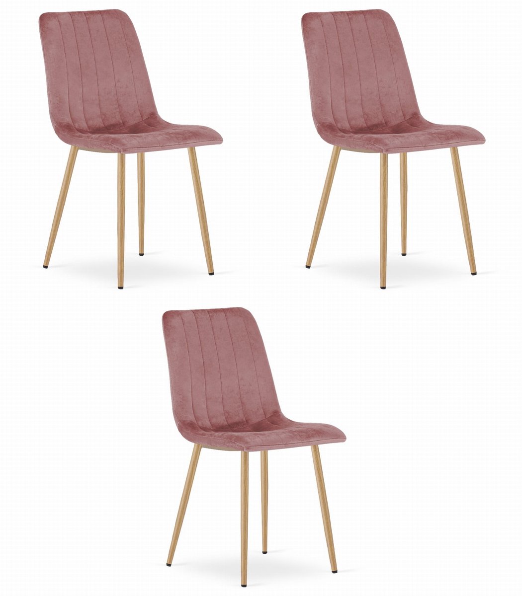 LEOBERT Set van 3 Eetkamerstoelen LAVA - Donkerroze - Houtlook Metalen Poten - Velvet Bekleding - Industriële Stijl, Max. 110 kg, Ergonomisch Design, Comfortabele Zitting