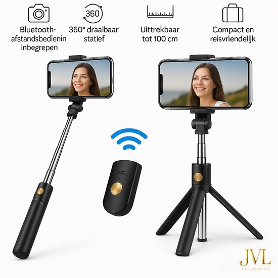 3-In-1 Universele Selfiestick Met Opvouwbaar Statief - Driepoot Statief - Android & Apple iPhone Compatible - 360° Draaibaar - Met Bluetooth Afstandsbediening - Selfie Stick - Versie 3