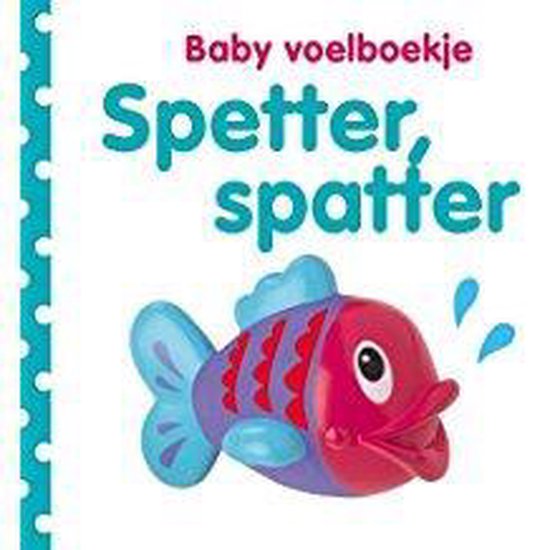 Een roze en paarse vis met blauwe vinnen, zittend op de cover van het 'Baby voelboekje Spetter, spatter'.