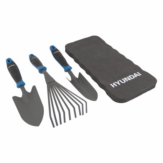 Ensemble d'outils de jardin Hyundai 4 pièces - Râteau - Pelle à plantes - Pelle de jardin - Coussin pour genoux