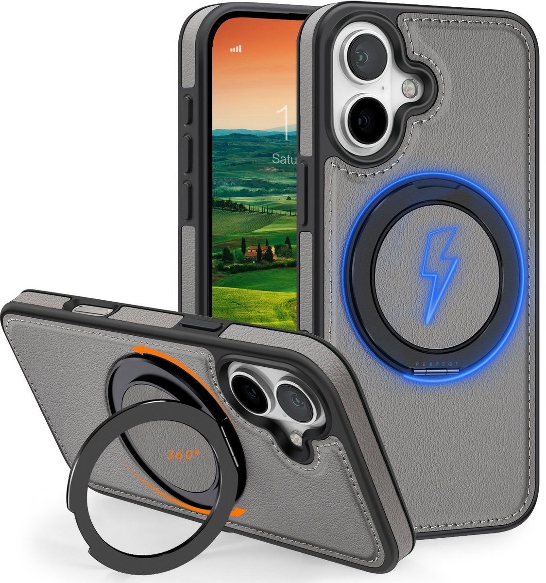 Perfeqt hoesje geschikt voor iPhone 16 leren BackCover met 360° Kickstand & Keyring houder - Titanium Gray