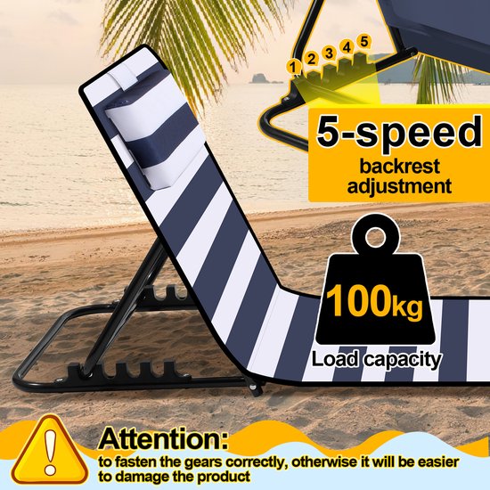 Strandstoel strandmat Strandligbed Strandmat met verstelbare rugleuning - Met hoofdkussen Blauw wit 1x 158cm — afbeelding 2