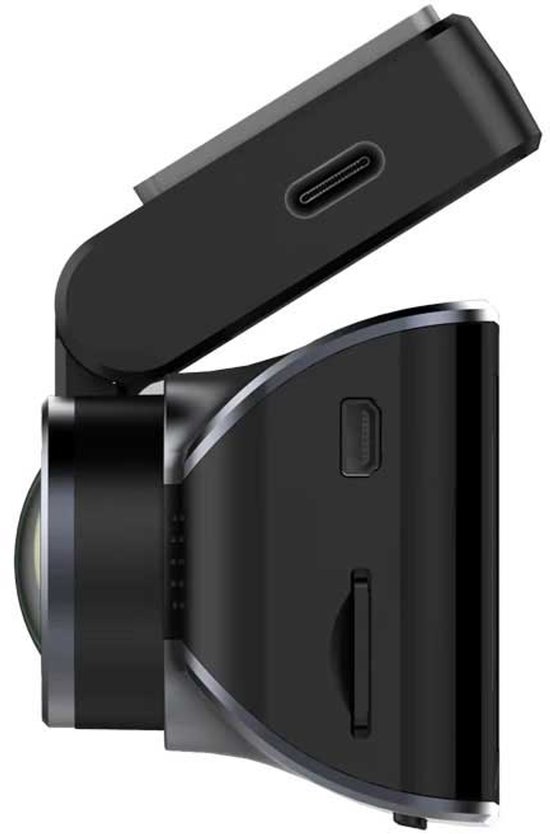 Zij-aanzicht van een zwarte dashcam met geopende bovenkant, die USB- en SD-kaartsleuven toont.