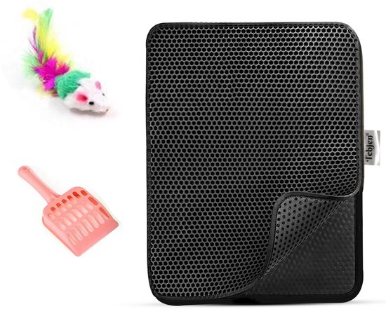 TEBJEN XXL Kattenbakmat - Met Speelgoedmuisje En Schepje - Schoonloopmat Kattenbak – Katten Grit Opvanger – Dubbele Waterdichte Laag – Uitloopmat Kattenbak – Kattenverzorging – Kattenbak Accessoires - Kat Benodigdheden - Zwart - 55cm * 75cm