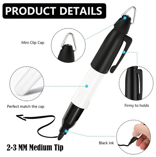 Zwarte en witte marker met deksel, clip en mini clip cap. Medium punt van 2-3 mm met zwarte inkt.