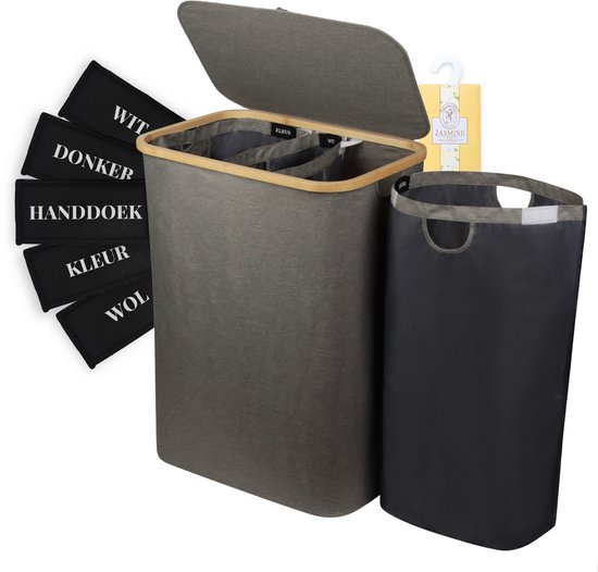 KROMS Wasmand 3 vakken 160L - Zwart - Extra groot model - Inclusief NL & ENG Labels – Wassorteerder bamboe - Laundry basket - Wasmand met deksel - Opvouwbaar