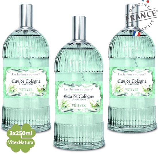 Vetiver Eau de Cologne 3 x 250 ML | merk A L'Ancienne | unisex | multifunctioneel als parfum, roomspray en fris linnengoed | Franse Parfum de Grasse
