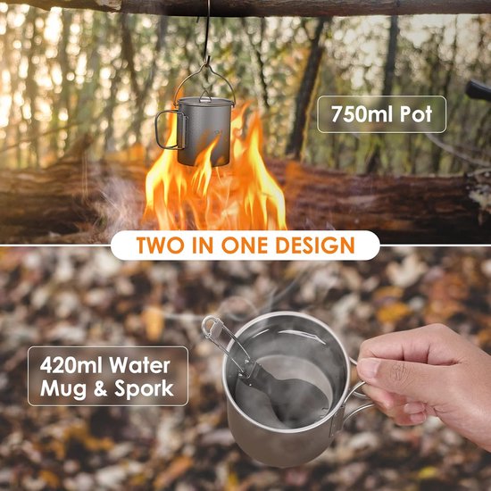 Campingpot - Opvouwbare Campingpannen - Ultralichte Kookpot - met Ophanggreep - Buitenwaterbeker - Keukengerei - voor Picknick - Wandelen - Kamperen - Wandelen - Titanium - Zilver — afbeelding 4