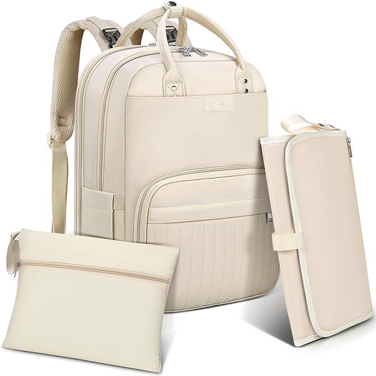 Famanu - Luierrugzak voor baby's, grote luiertas, babytas, rugzak met kinderwagenriemen en luieronderlegger, voor onderweg, Beige
