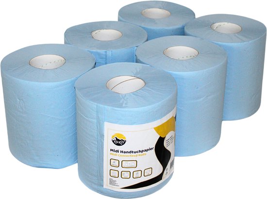 KURTT - Papier de nettoyage Premium Blauw, Rouleau de nettoyage (2 couches) 6 x 150 mètres, Rouleau de serviettes, Rouleaux midi, papier robuste à absorption rapide