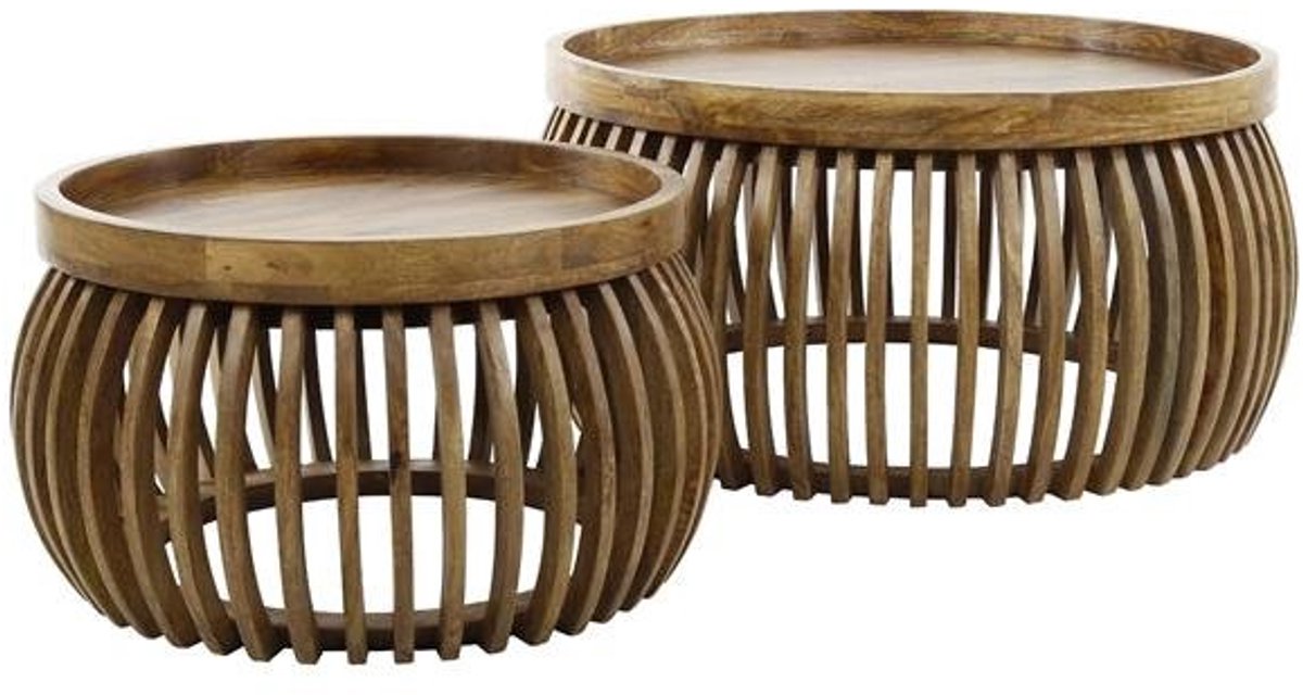 Salontafelset Rond (Set van 2) - Bijzettafels Set van 2 - Salontafel Rond Hout - Bijzettafeltjes Woonkamer - Salon Tafel Mangohout Rond - Salontafel industrieel Landelijk - Tafeltje Set 2 stuks Hout kleurig - 80cm