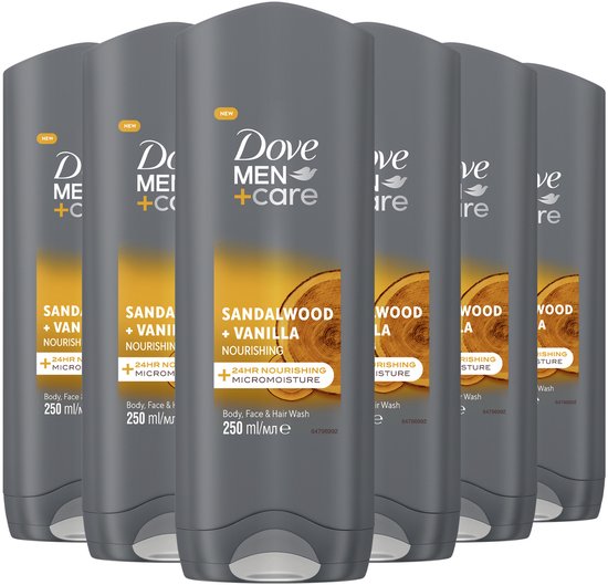 Dove Men+Care 3-in-1 Douchegel - Sandalwood + Vanilla - 6 x 250 ml - Voordeelverpakking