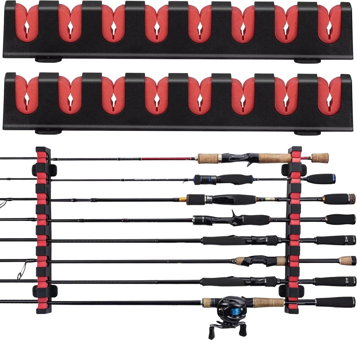 S&Dshopline® Hengelstandaard, hengelstandaard, vishengelhouder, wand, verticale/horizontale hengelhouder voor wandmontage, D-rood-horizontaal hengelframe voor 8 hengels