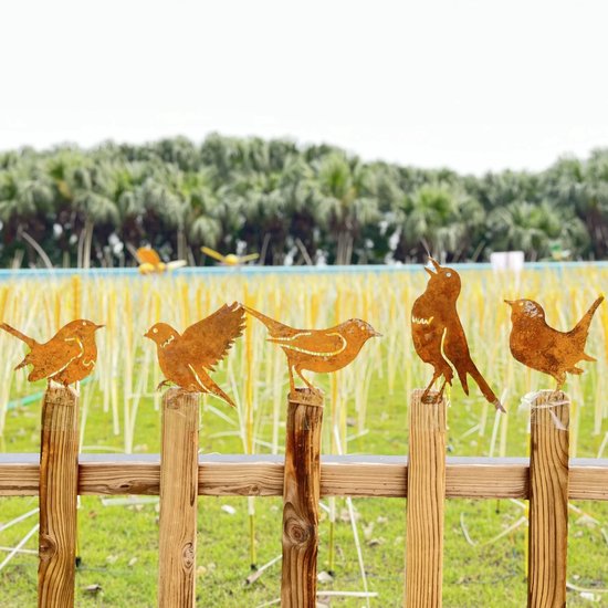 OliaLiving® Vogels Tuindecoratie - 5 Stuks - Roest Tuindecoratie Vogels - Vogeltjes Muur Buiten - Schutting Decoratie Roest - Tuin Decoratie Voor Buiten - Tuindecoratie Metaal Schutting - Wanddecoratie - Muurdecoratie Metaal - Muurdecoratie Tuin