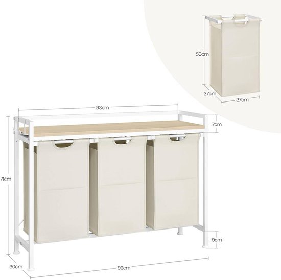 SureDeal® - Panier à linge 3 compartiments - 40 L par panier - Métal - Tissu Oxford - 96 x 71 x 30 cm - Wit - Chêne clair - Design industriel