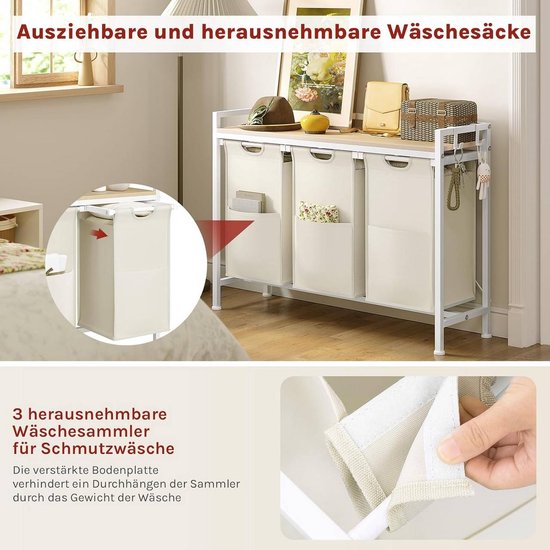 SureDeal® - Panier à linge 3 compartiments - 40 L par panier - Métal - Tissu Oxford - 96 x 71 x 30 cm - Wit - Chêne clair - Design industriel