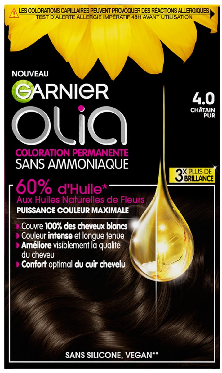 Garnier Olia Ammoniavrije Permanente Haarkleuring 120 g (Kleuren : 4.0 Zuivere kastanje)